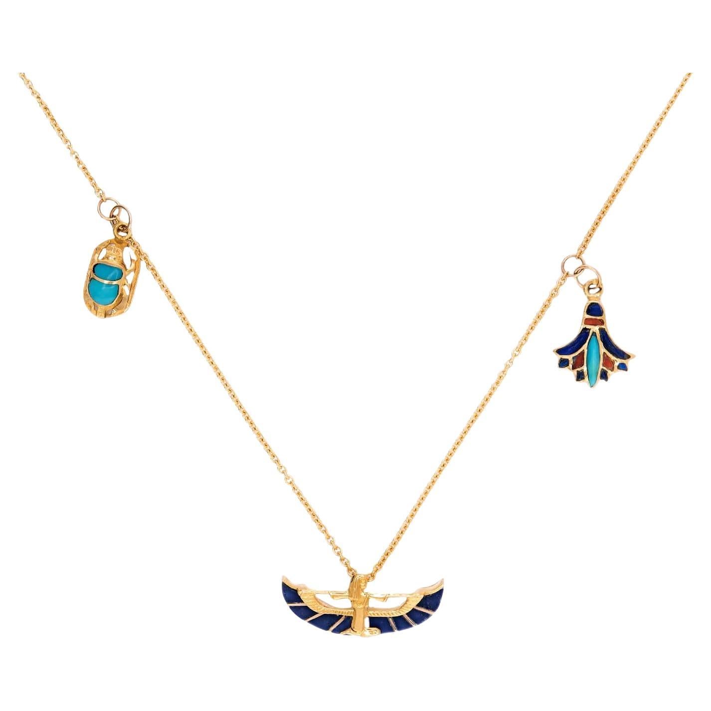 Vintage Egyptian 18k Enamel Charm Necklace For Sale