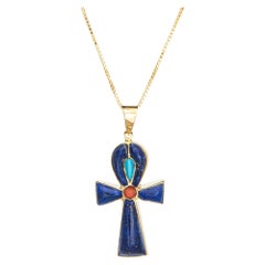 Vintage Egyptian Ankh Pendant Lapis Lazuli Turquoise Coral 14k Gold Necklace
