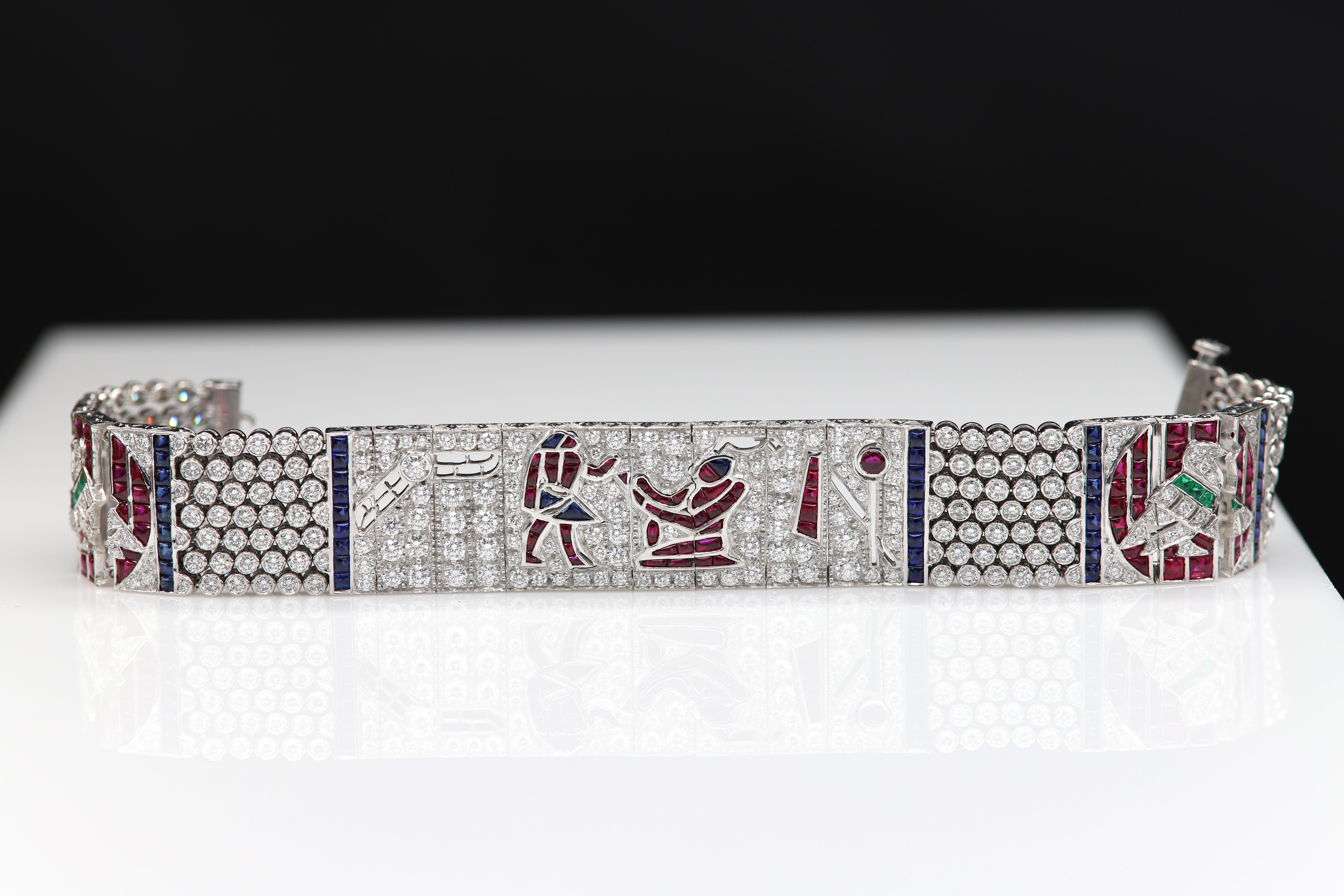 Vintage Egyptian Bracelet Art Bracelet Platinum Diamonds Ruby & Sapphire Replica 7