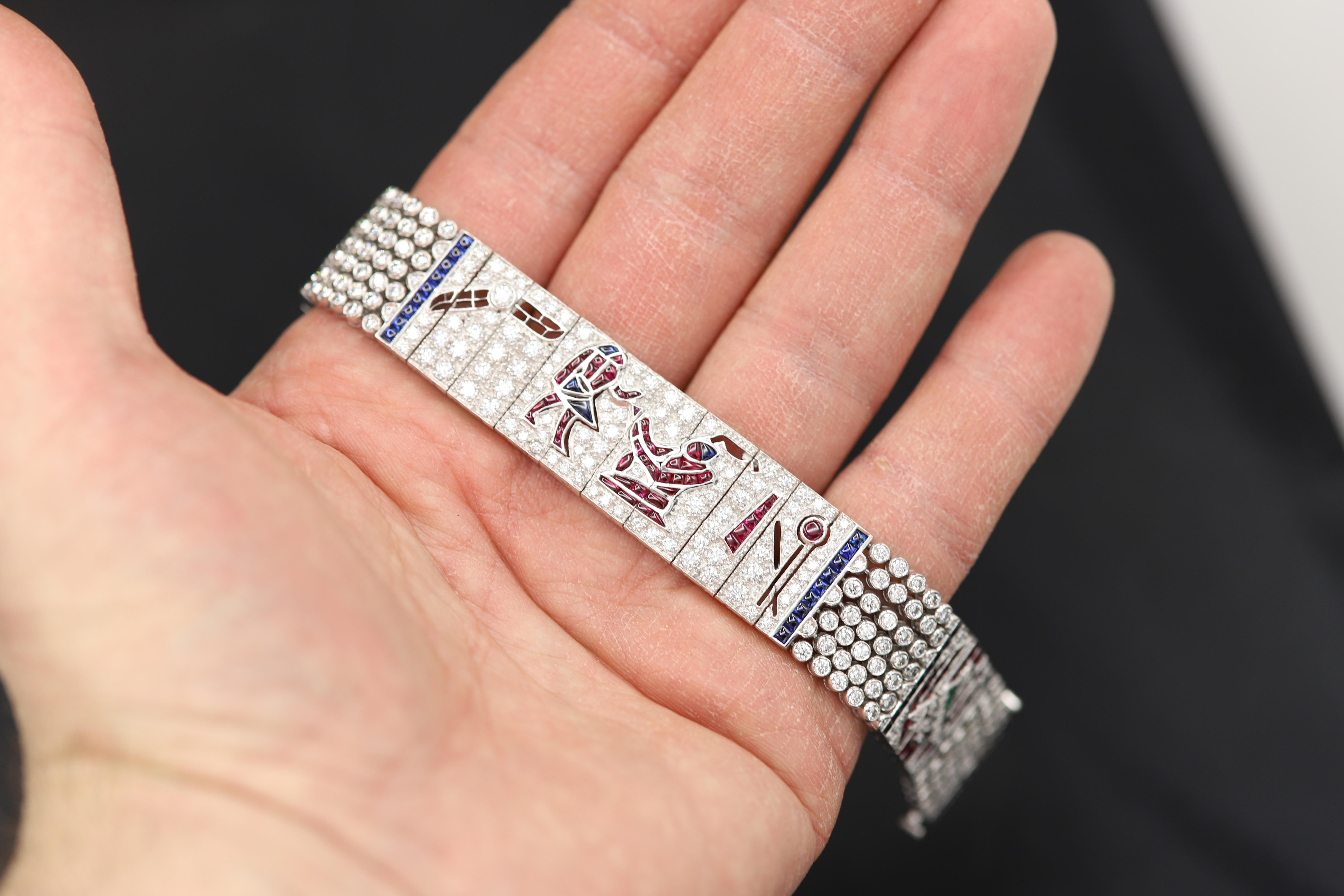 Vintage Egyptian Bracelet Art Bracelet Platinum Diamonds Ruby & Sapphire Replica 9