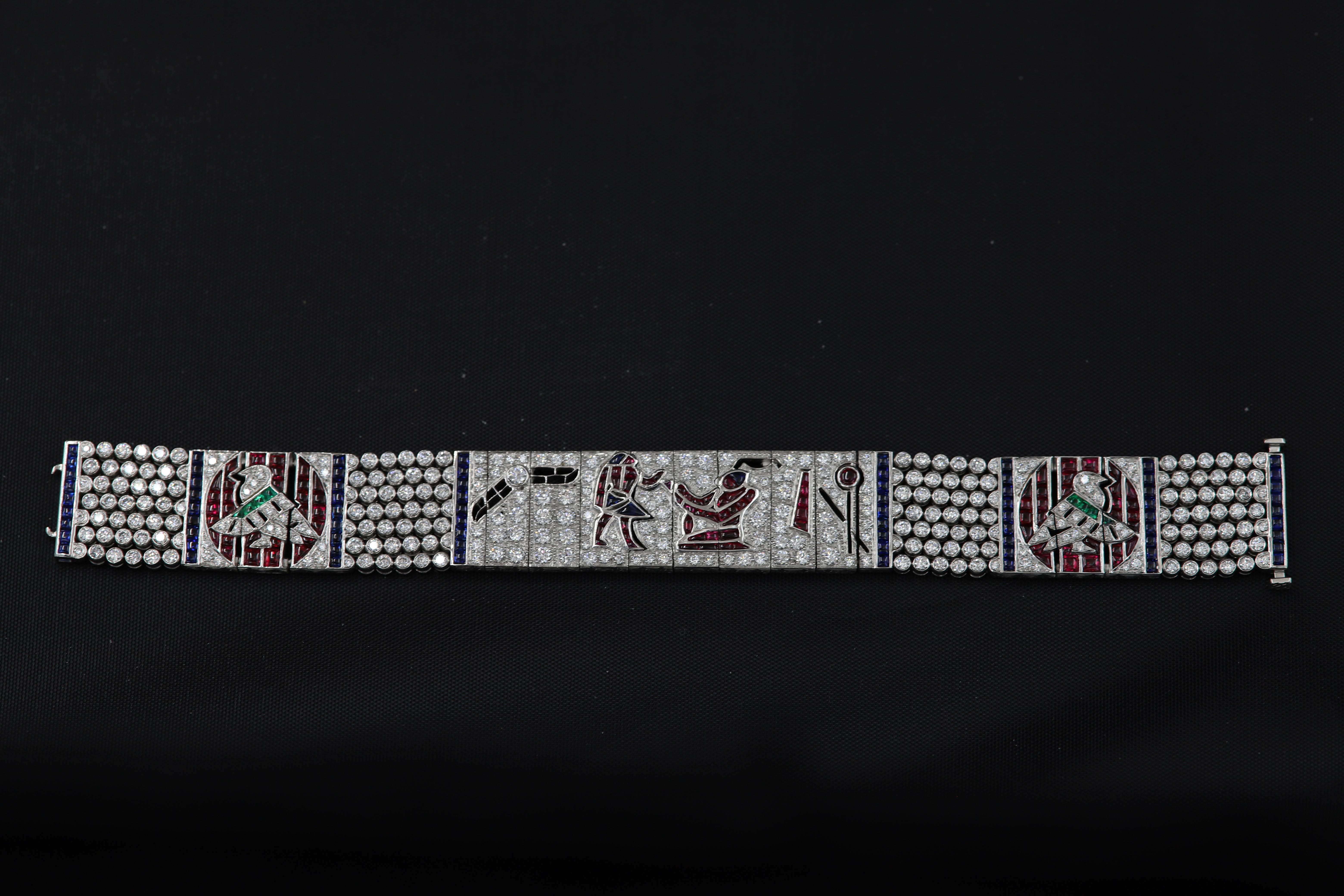 Vintage Egyptian Bracelet Art Bracelet Platinum Diamonds Ruby & Sapphire Replica 14