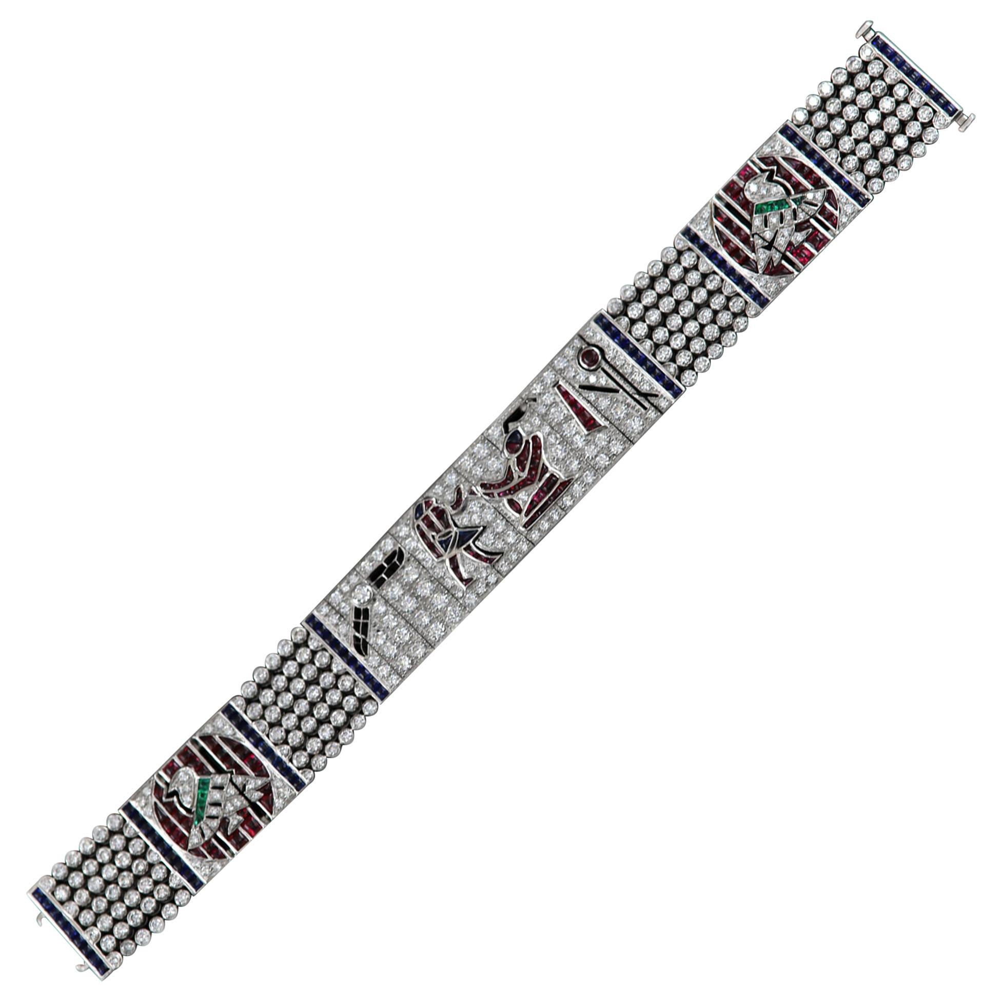Vintage Egyptian Bracelet Art Bracelet Platinum Diamonds Ruby & Sapphire Replica