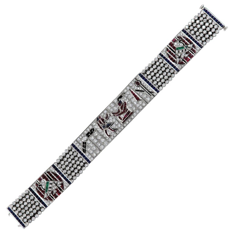 Vintage Egyptian Bracelet Art Bracelet Platinum Diamonds Ruby and