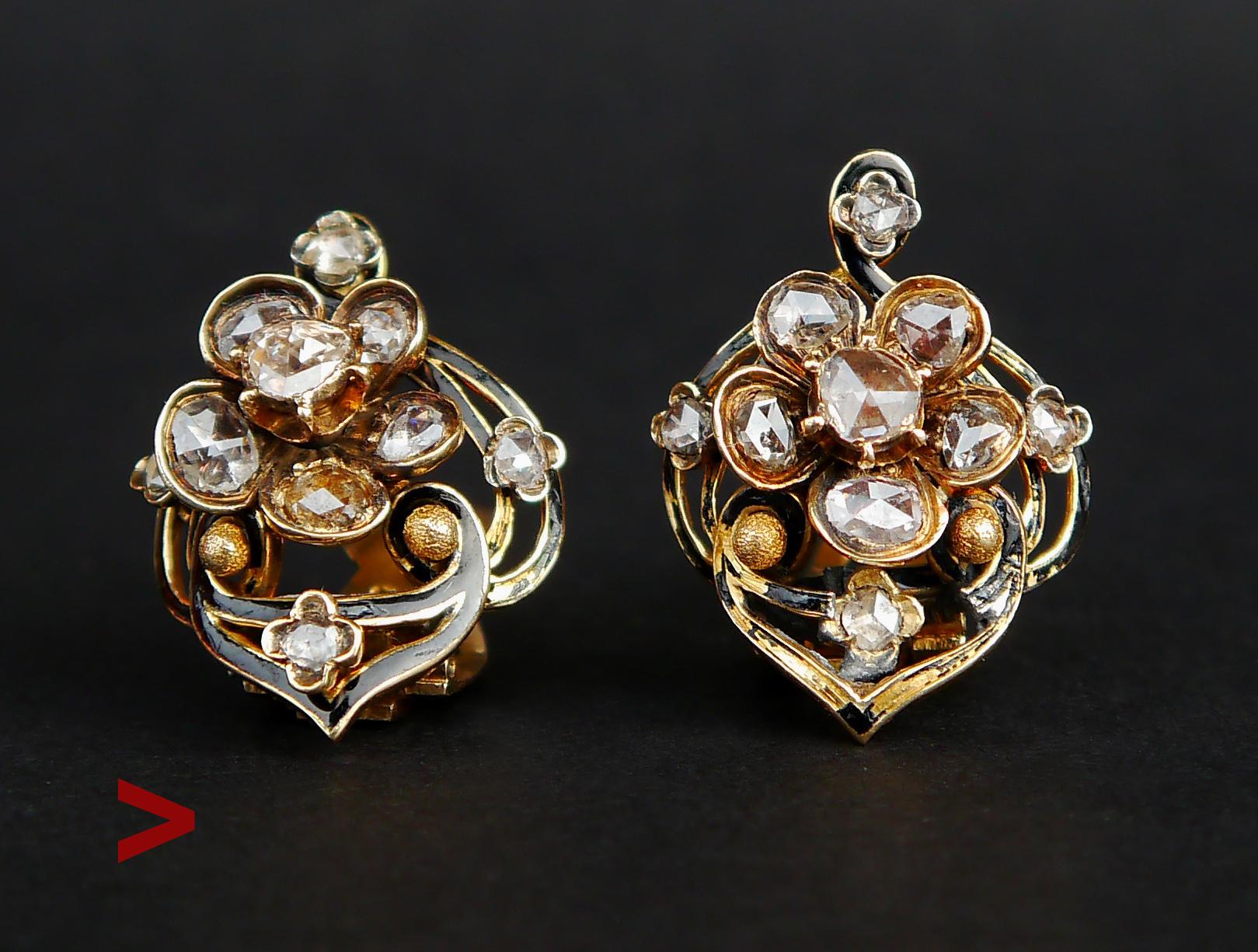 Vintage Egyptian Clips Earrings 5 ctw Diamonds solid 18K Gold Enamel /11gr For Sale 4