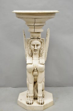 Vintage Egyptian Female Sphinx Round Marble Top Carved Wood Pedestal Plant Stand