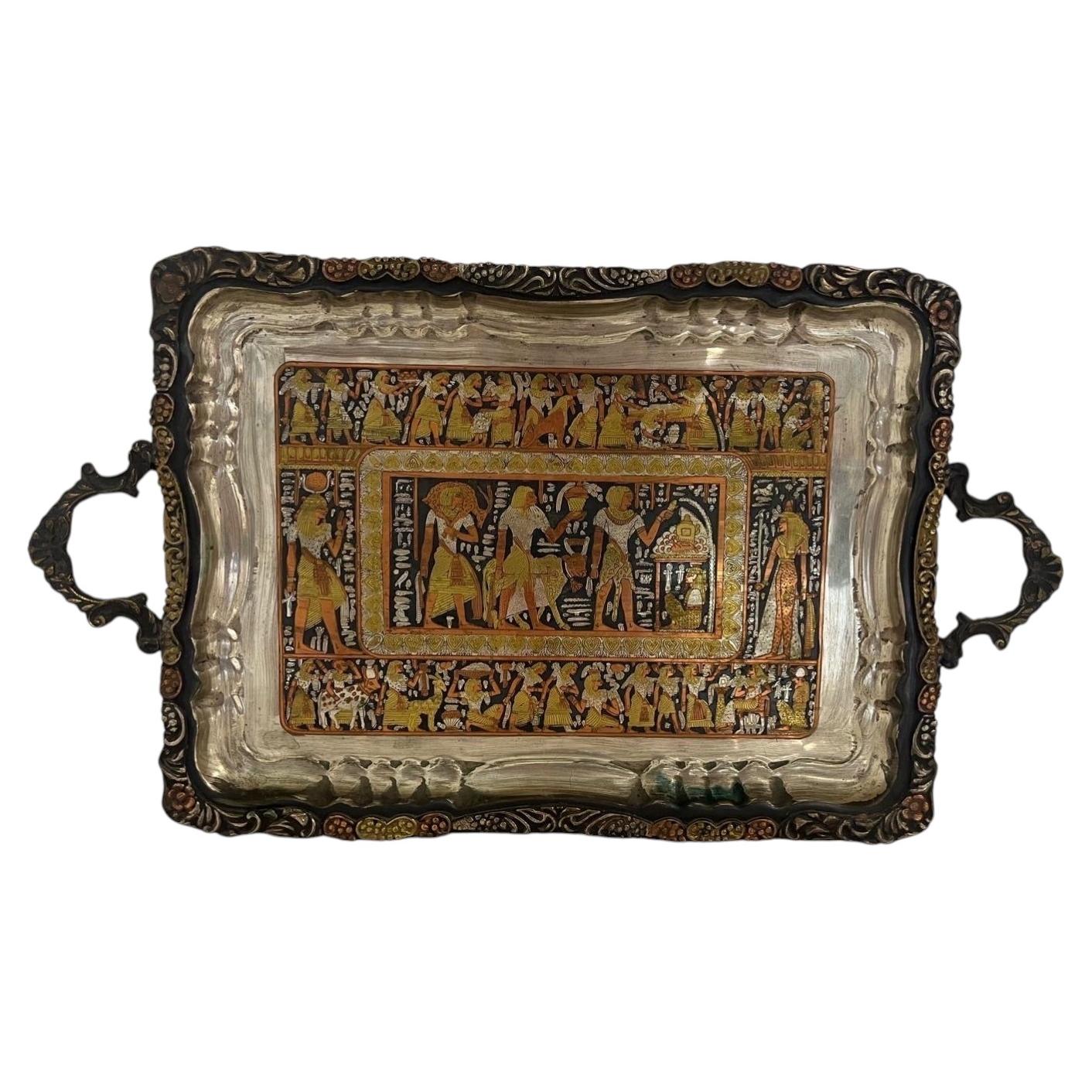 Vintage Egyptian Figural metal serving tray with brass and copper inlay pharaohs For Sale