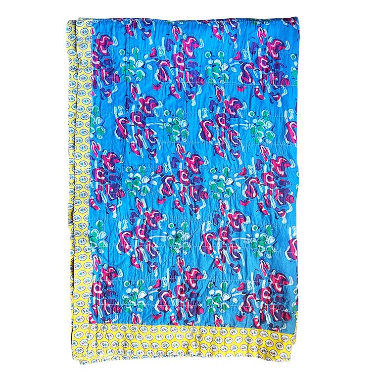 Unknown Vintage Egyptian Matelasse Quilted Coverlet or Throw in Blue and Yellow For Sale