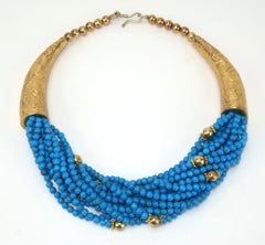 Vintage Egyptian Multi Strand Blue & Gold Bead Collar Necklace