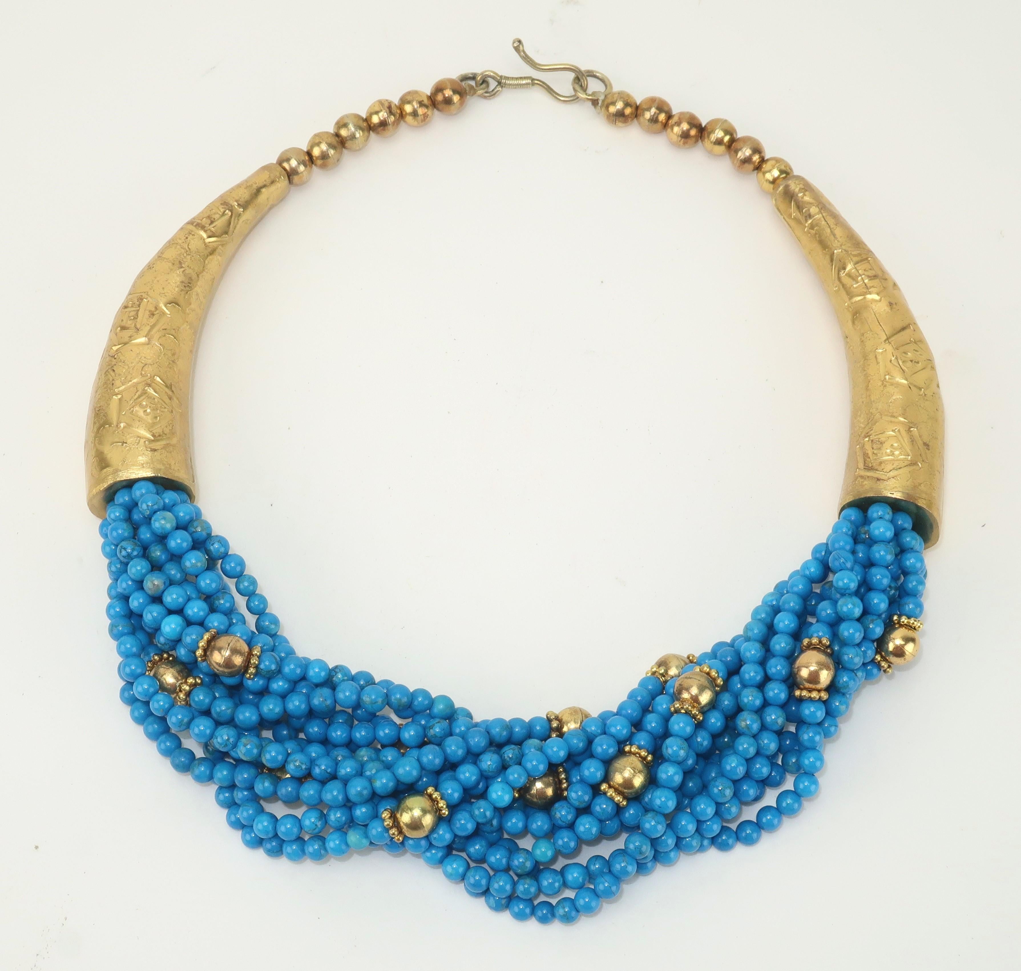Egyptian Revival Vintage Egyptian Multi Strand Blue & Gold Bead Collar Necklace  For Sale