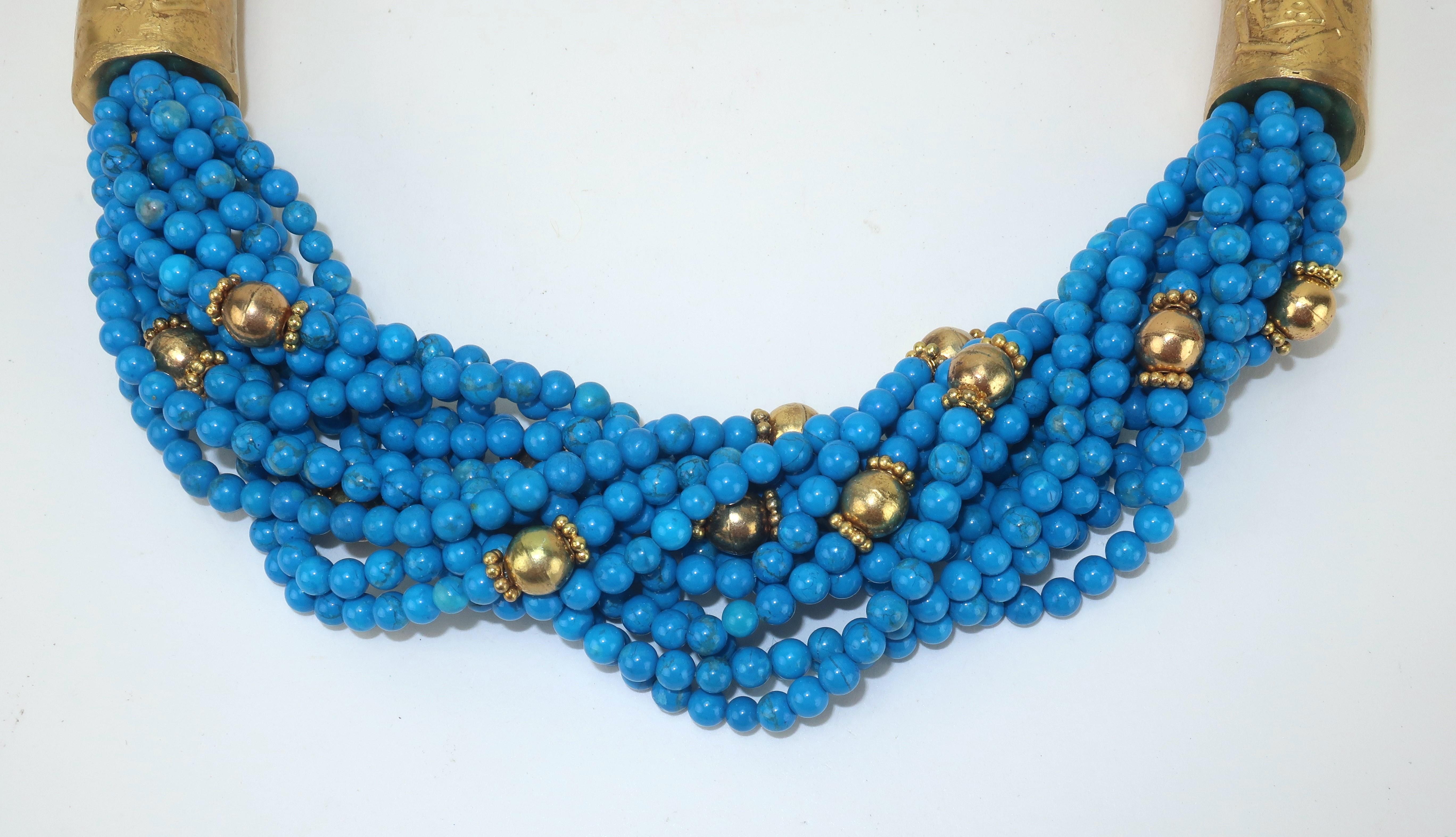 Vintage Egyptian Multi Strand Blue & Gold Bead Collar Necklace  In Good Condition For Sale In Atlanta, GA