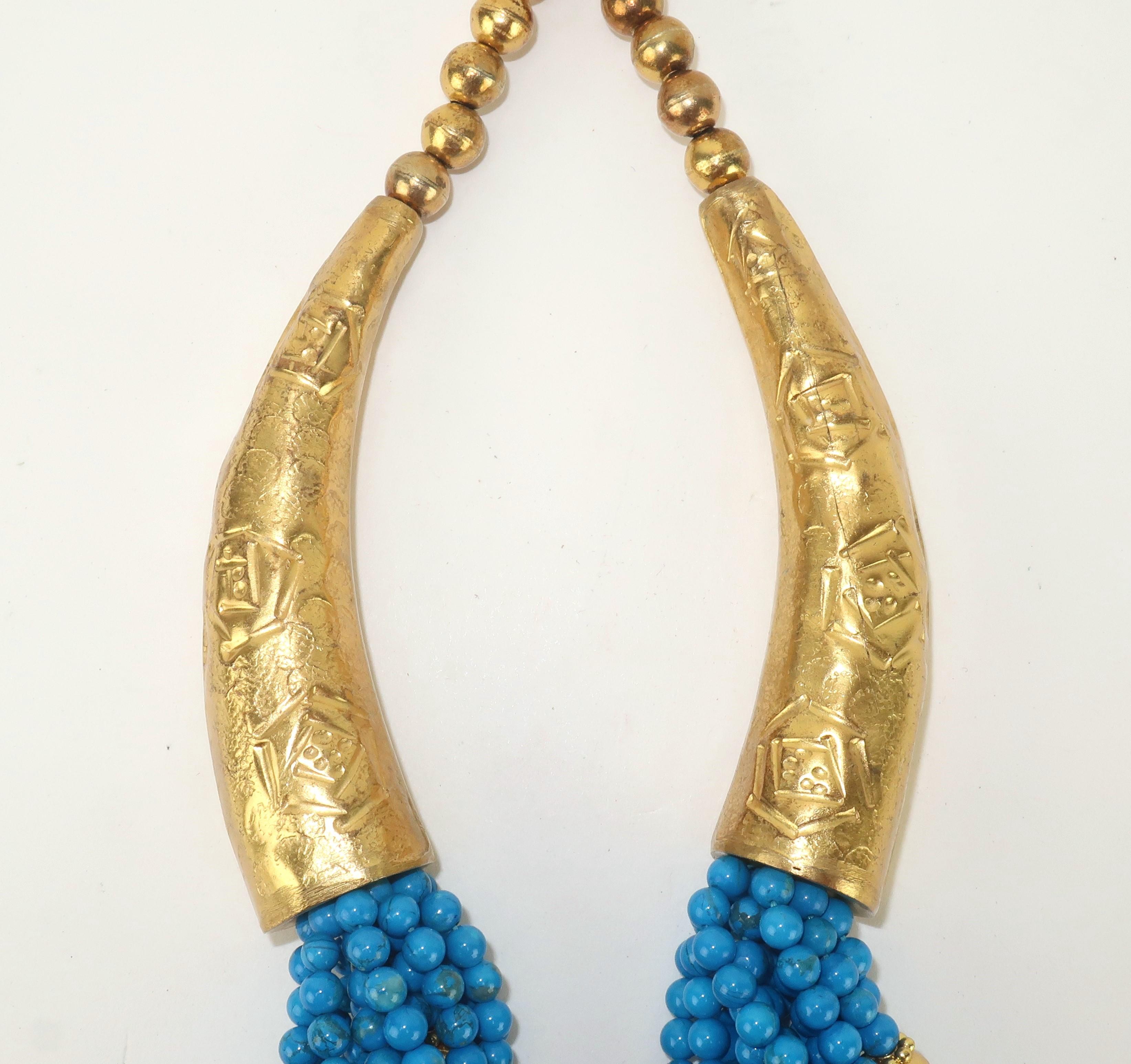 Women's Vintage Egyptian Multi Strand Blue & Gold Bead Collar Necklace  For Sale