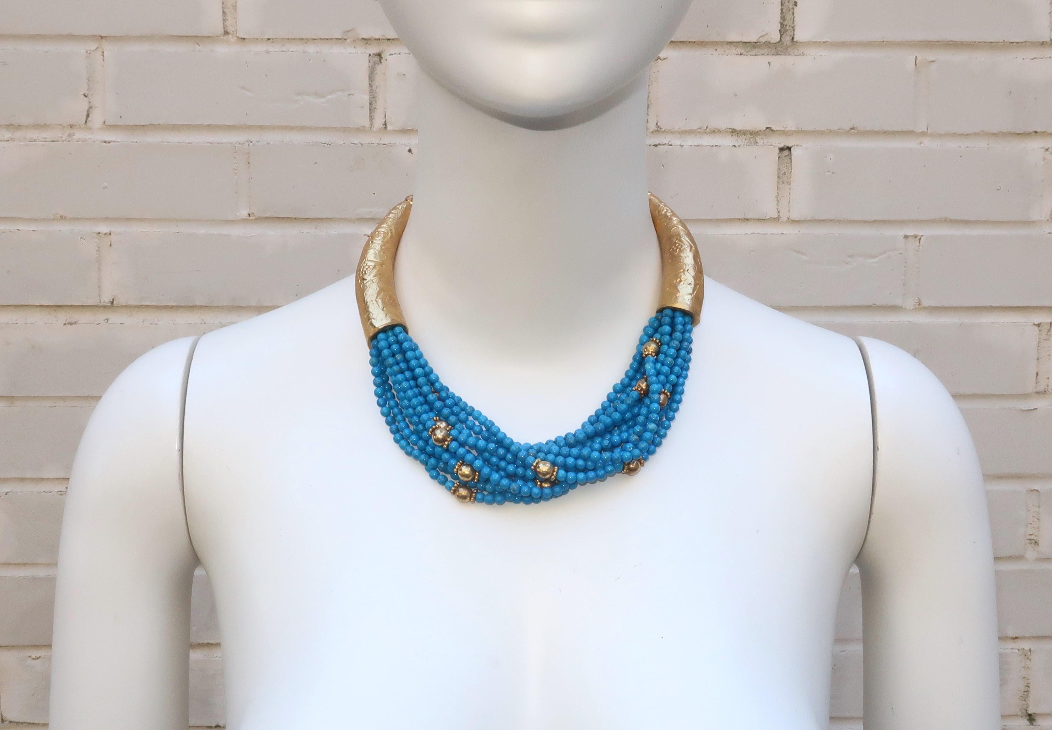 Vintage Egyptian Multi Strand Blue & Gold Bead Collar Necklace  For Sale 2