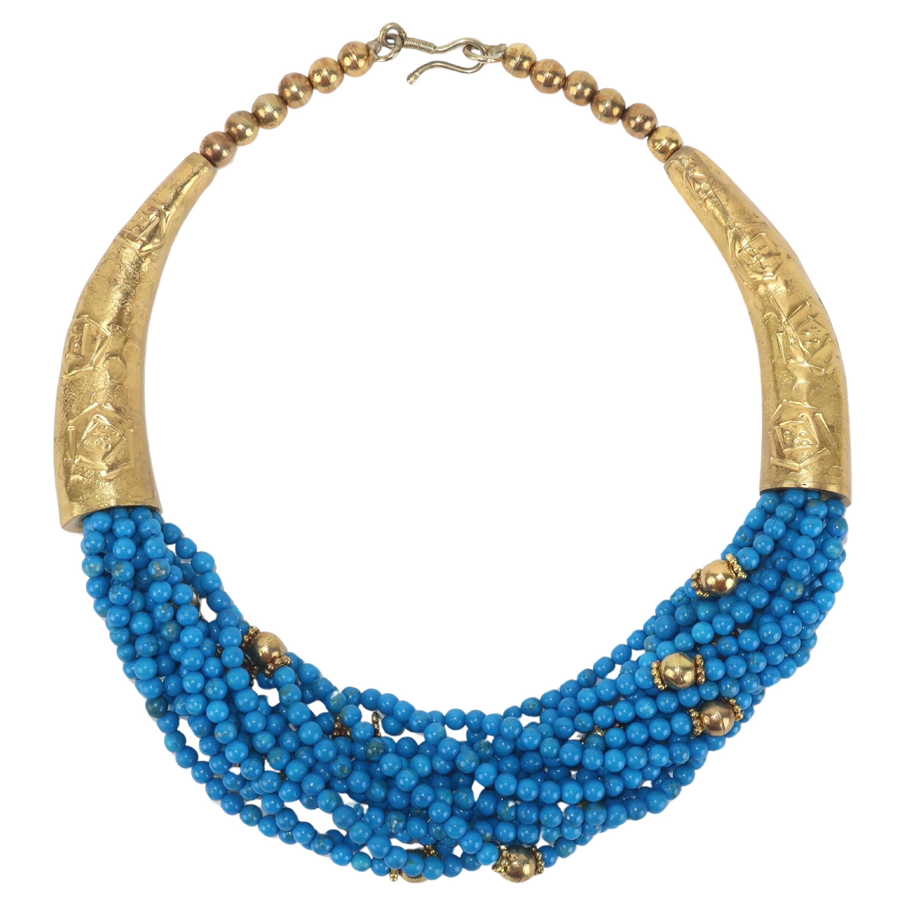 Collier égyptien vintage à plusieurs brins de perles bleues et dorées 