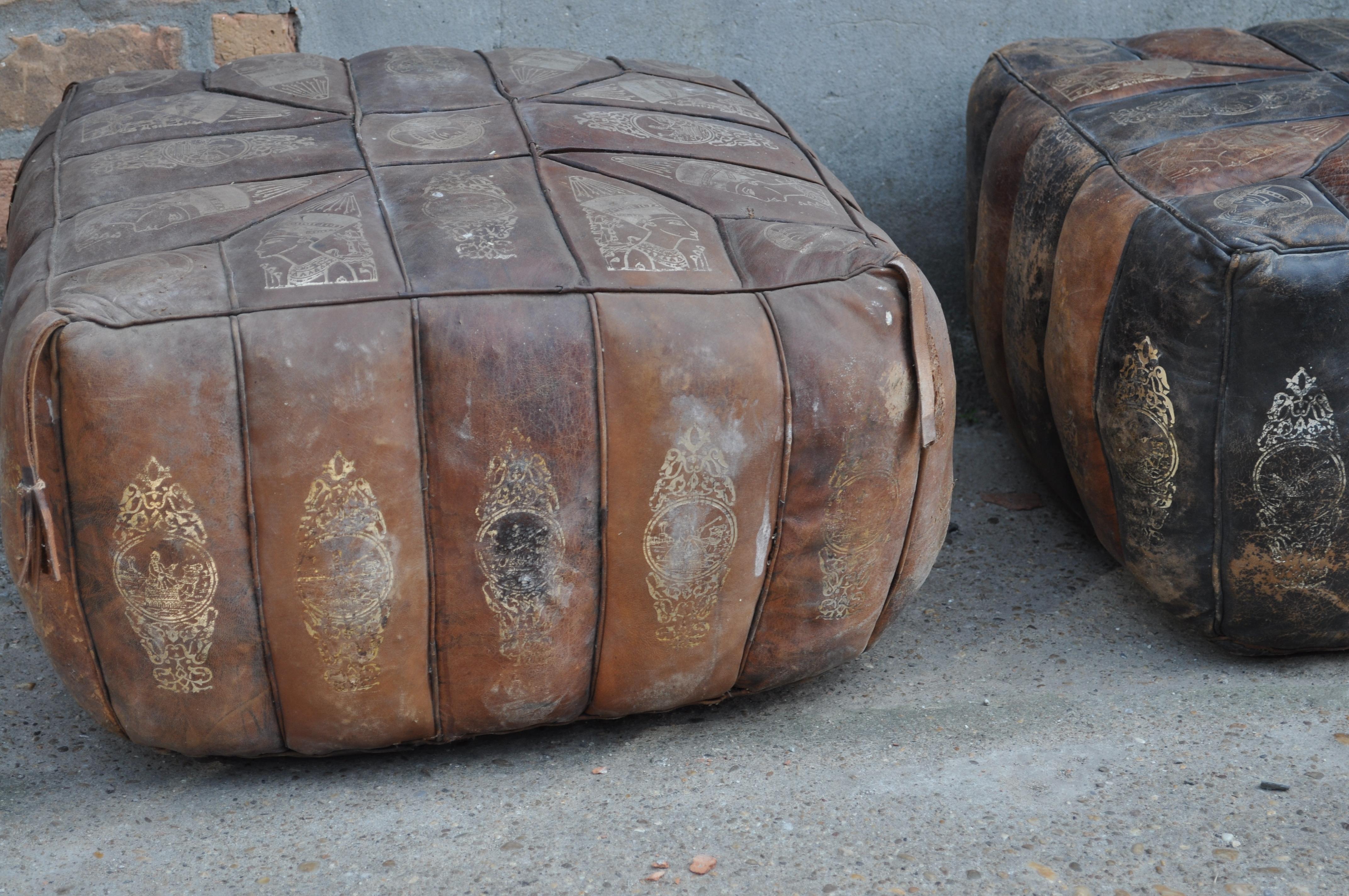 Vintage Egyptian Patterned Leather Puff 'Seat' In Good Condition For Sale In Lábatlan, HU