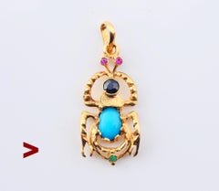 Vintage Egyptian Pendant Beetle Turqouise Sapphire Ruby Emerald 18K Gold /3.15gr