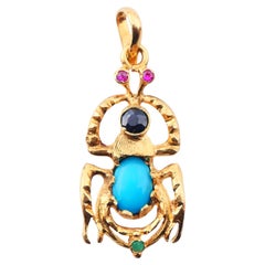 Ägyptische Vintage Ägyptische Vintage-Anhänger Käfer Turqouise Saphir Rubin Smaragd 18K Gold /3.15gr