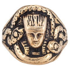 Vintage Egyptian Pharaoh Ring Snakes Signet Band Sz 6.5 14k Yellow Gold Jewelry
