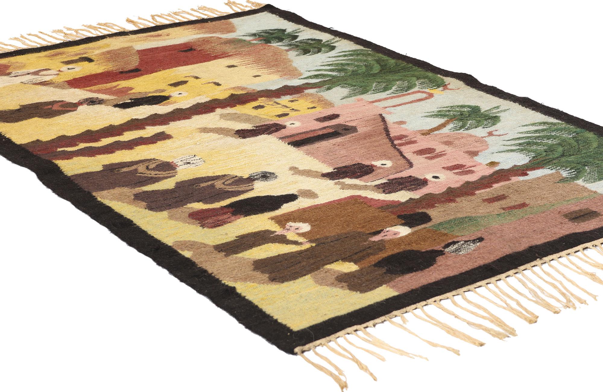 78927 Tappeto Kilim Pittorico Egiziano d'epoca, 05'00 x 03'05. Entra in un mondo in cui le sabbie del tempo incontrano le vibranti tradizioni della vita del villaggio con questo splendido tappeto kilim egiziano vintage in lana tessuto a mano.