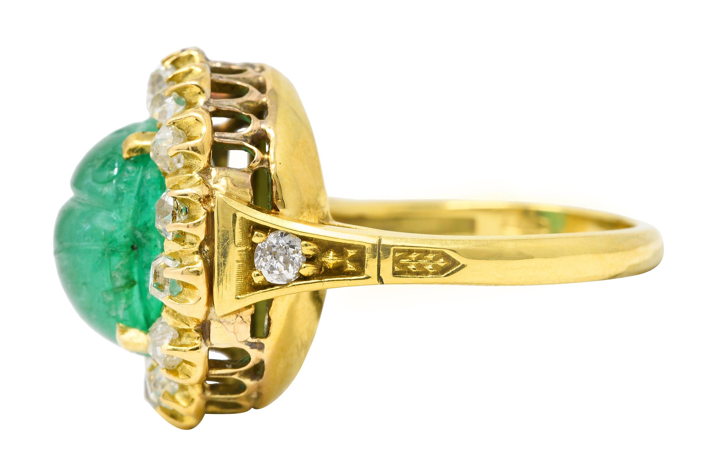 Women's or Men's Vintage Egyptian Revival 7.80 Carats Carved Emerald Diamond 18 Karat Ring For Sale