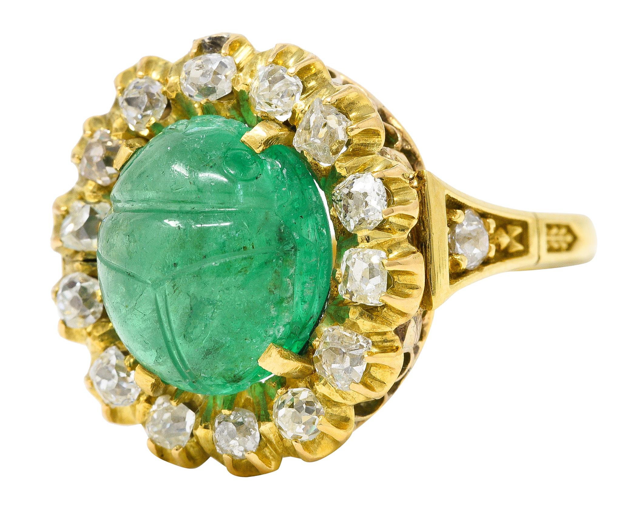 Vintage Egyptian Revival 7.80 Carats Carved Emerald Diamond 18 Karat Ring For Sale 1