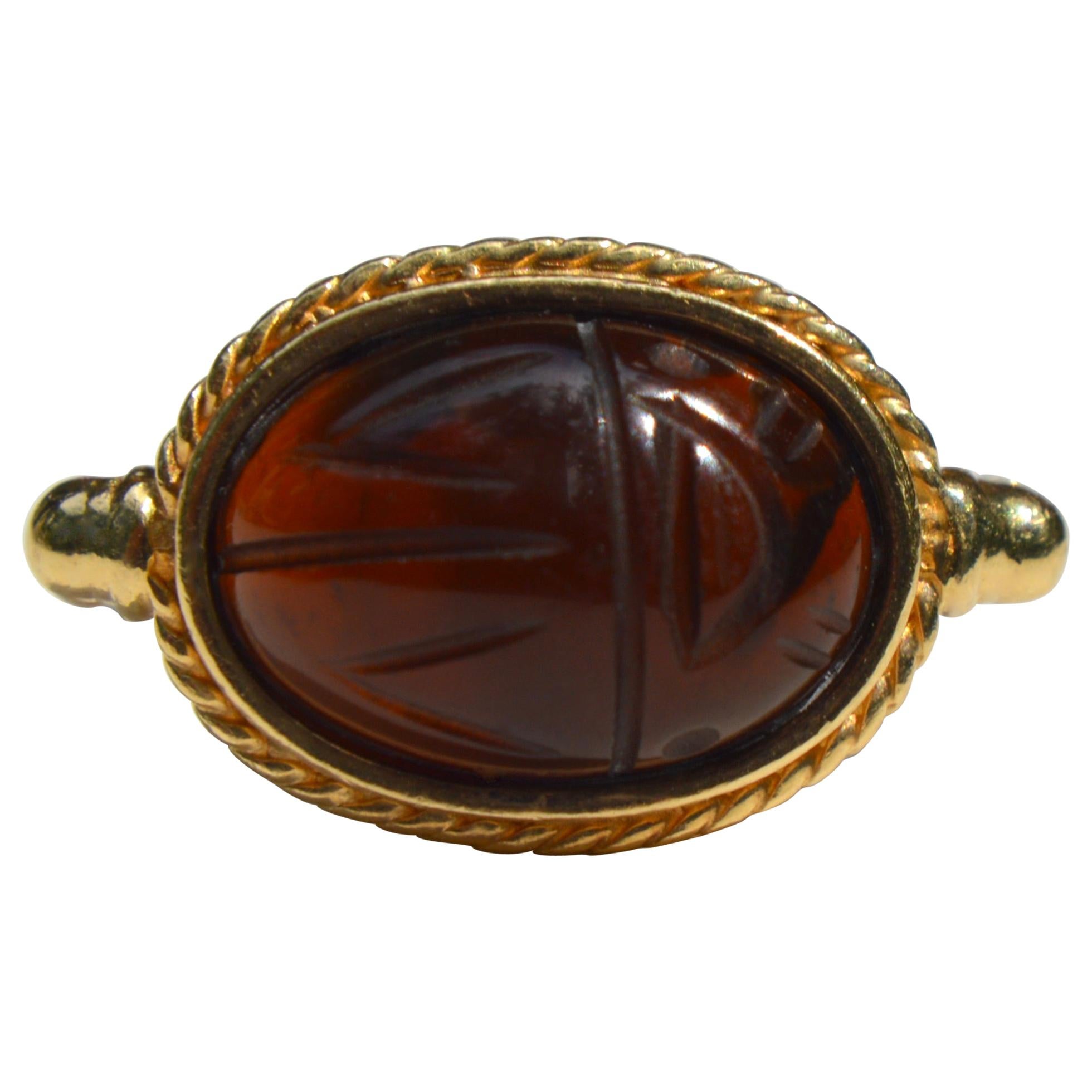 Vintage Egyptian Revival Baltic Amber 14 Karat Gold Scarab Beetle Ring For Sale