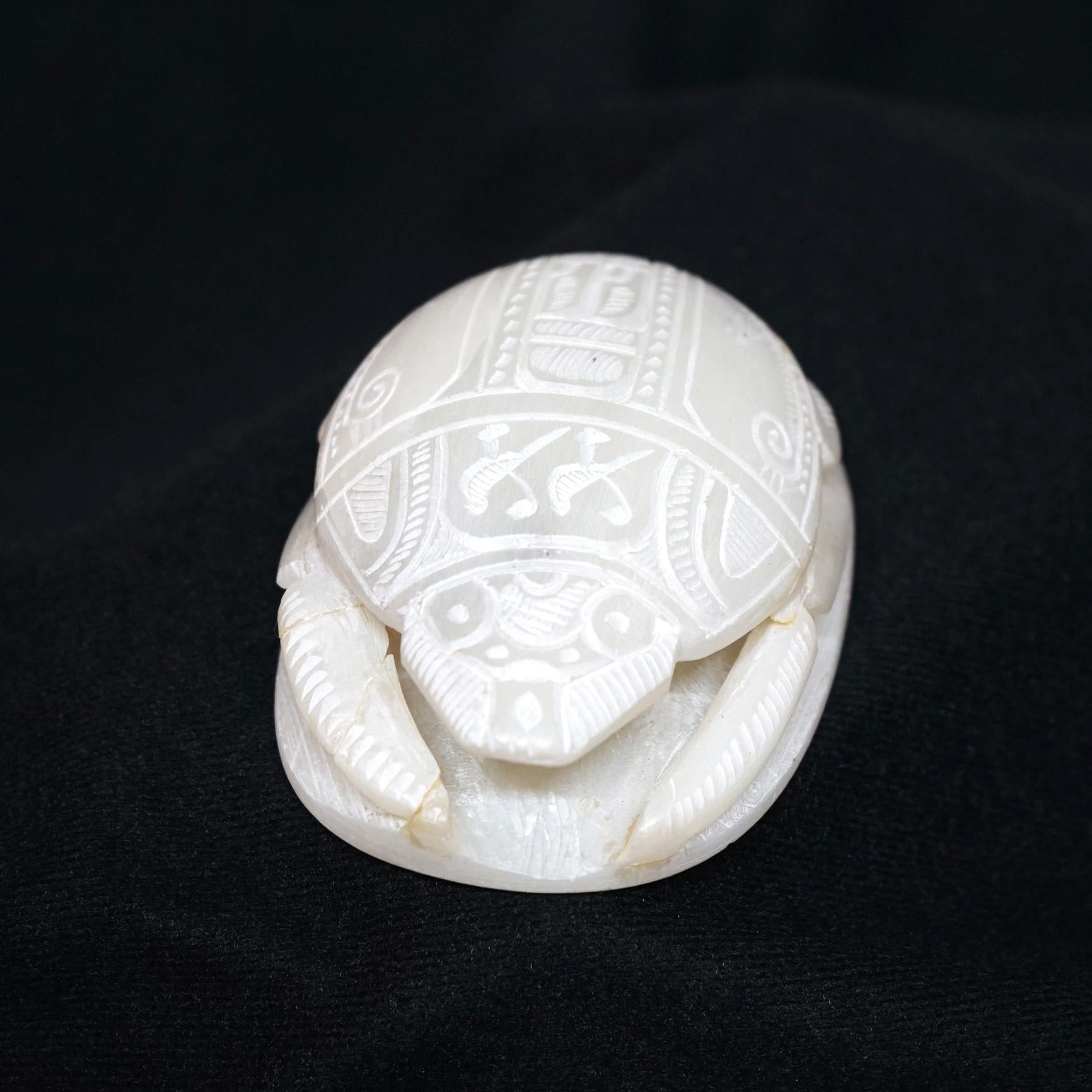 Vintage Egyptian Revival Carved Alabaster Scarab Figure Paperweight 20th C 2