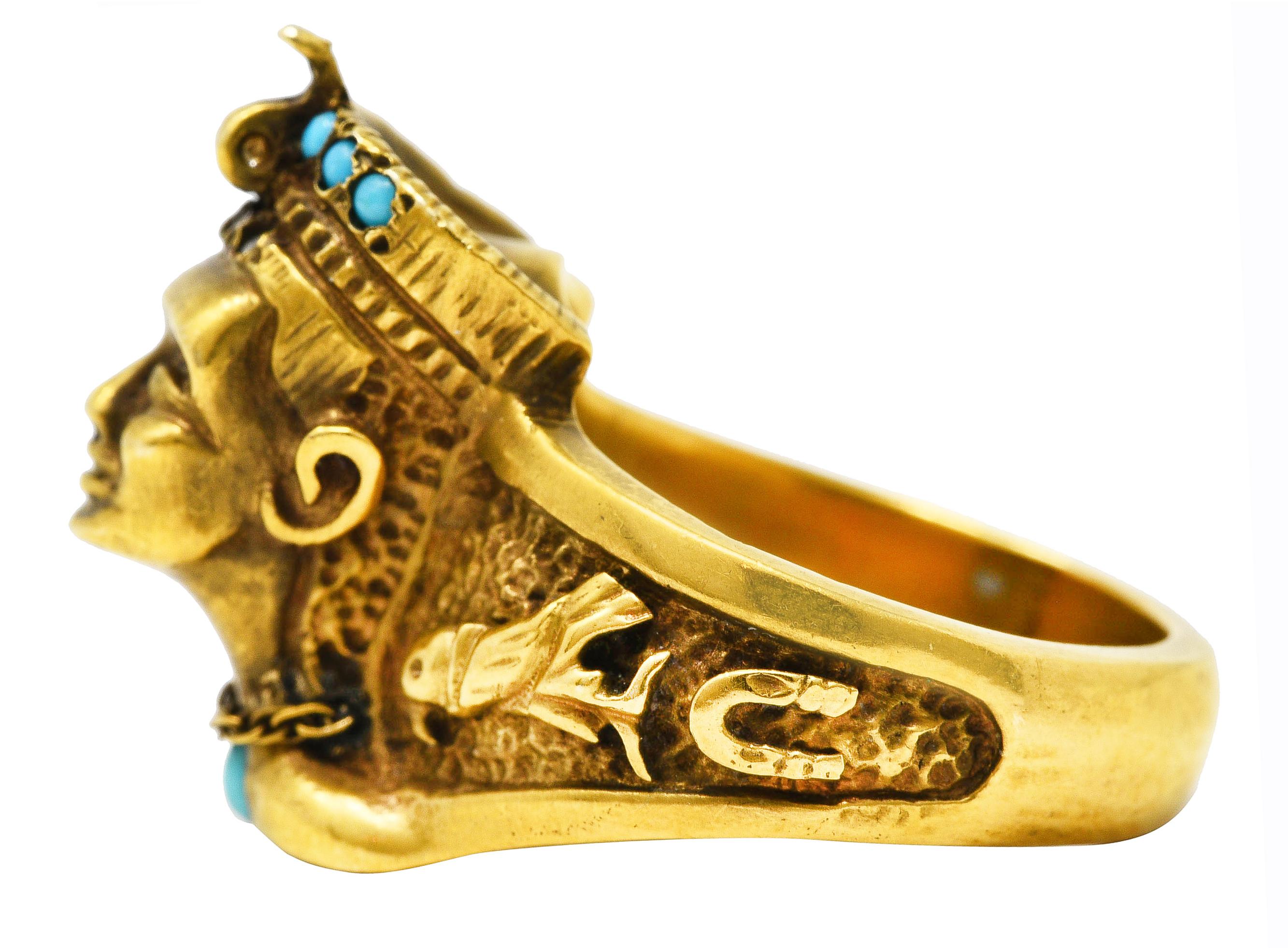 Cabochon Vintage Egyptian Revival Diamond Turquoise 14 Karat Gold Hieroglyph Ring