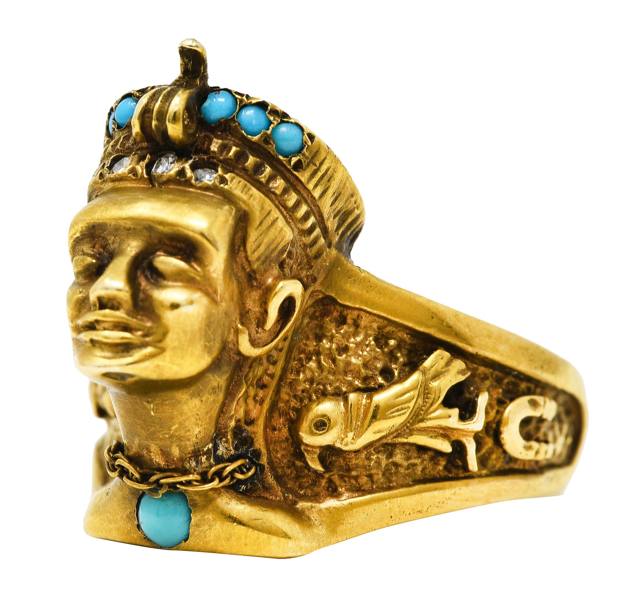 Vintage Egyptian Revival Diamond Turquoise 14 Karat Gold Hieroglyph Ring In Excellent Condition In Philadelphia, PA