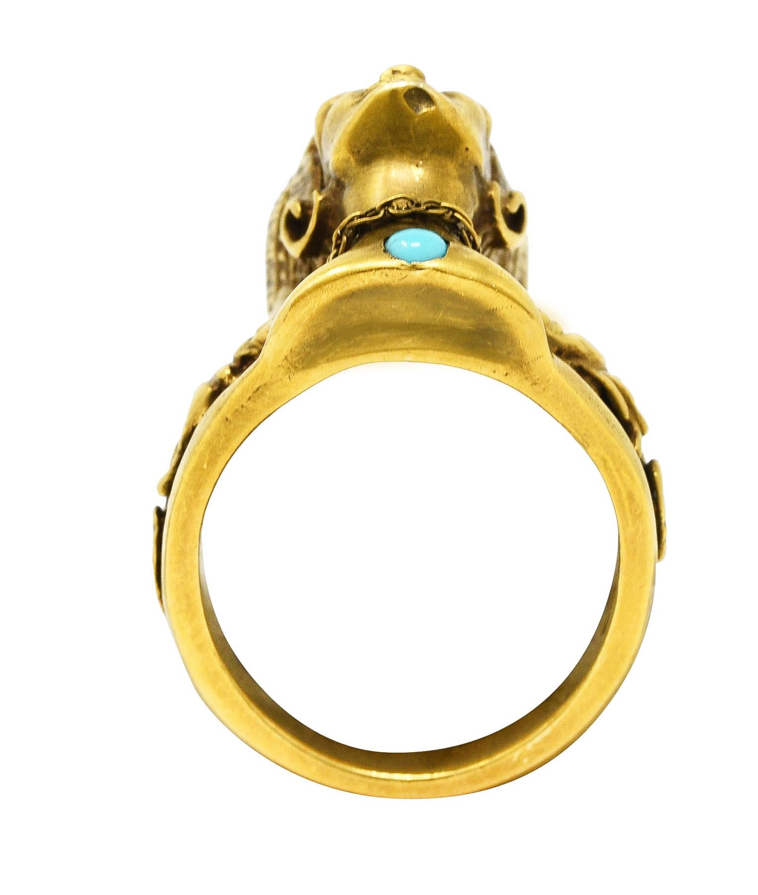 Vintage Egyptian Revival Diamond Turquoise 14 Karat Gold Hieroglyph Ring 1