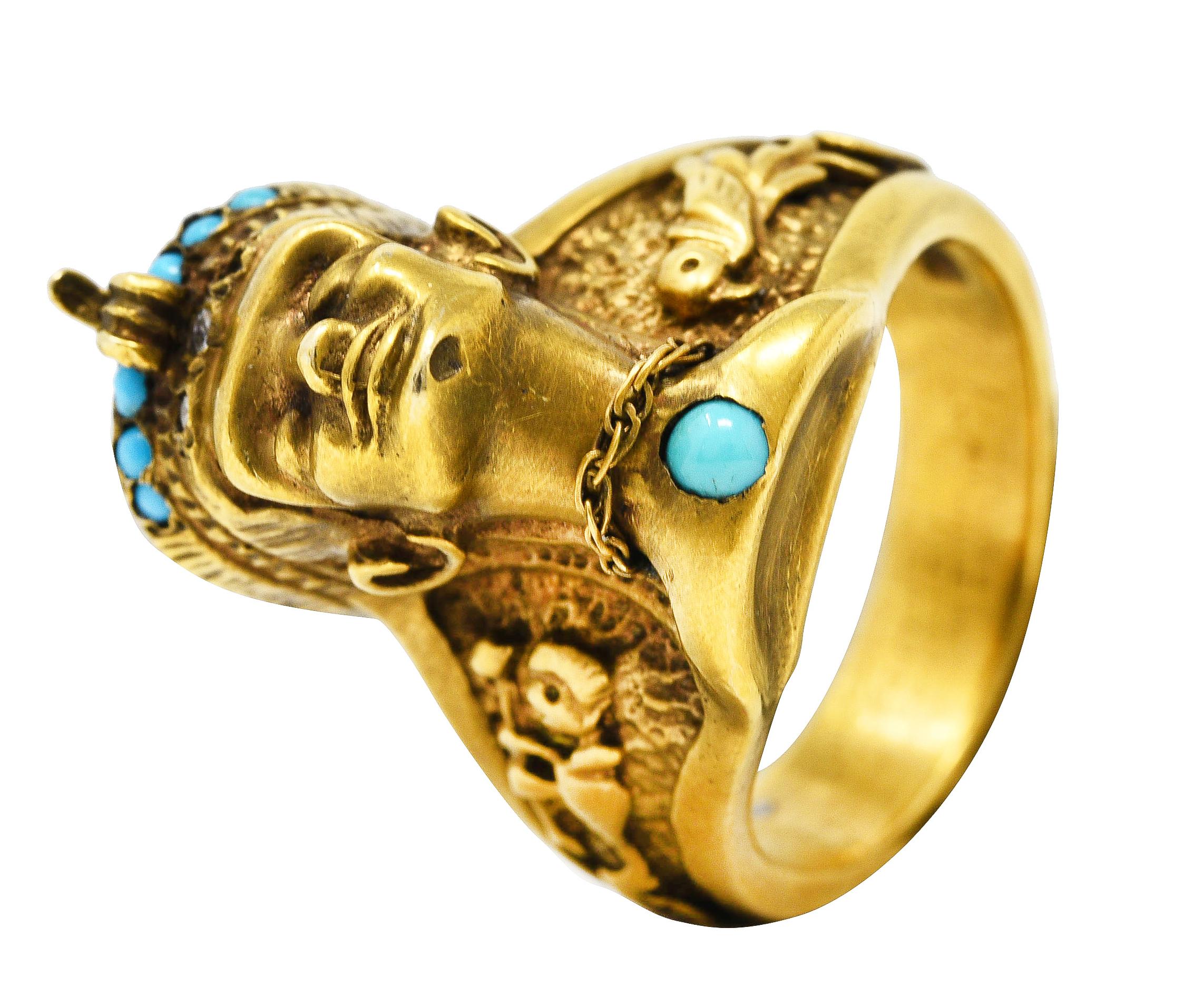 Vintage Egyptian Revival Diamond Turquoise 14 Karat Gold Hieroglyph Ring 2