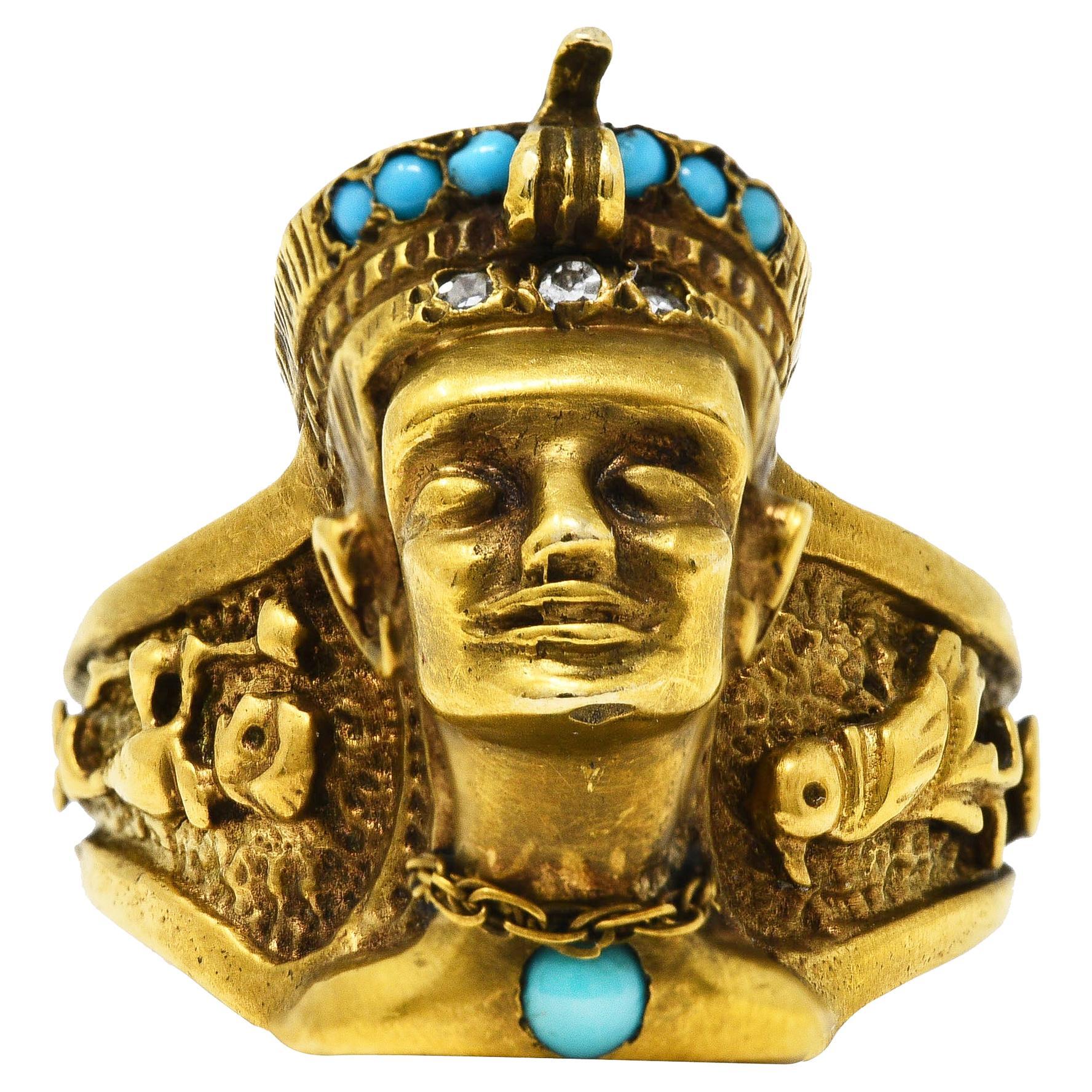 Vintage Egyptian Revival Diamond Turquoise 14 Karat Gold Hieroglyph Ring