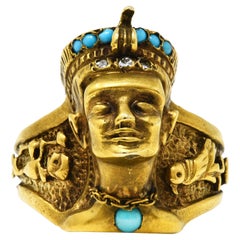 Anello egiziano revival con diamante e turchese in oro 14 carati con geroglifico