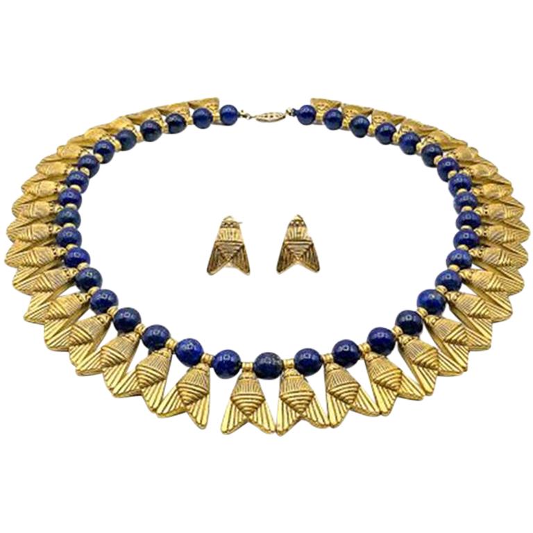 Vintage Egyptian Revival Gold 
Lapis Fly Collar 1980s