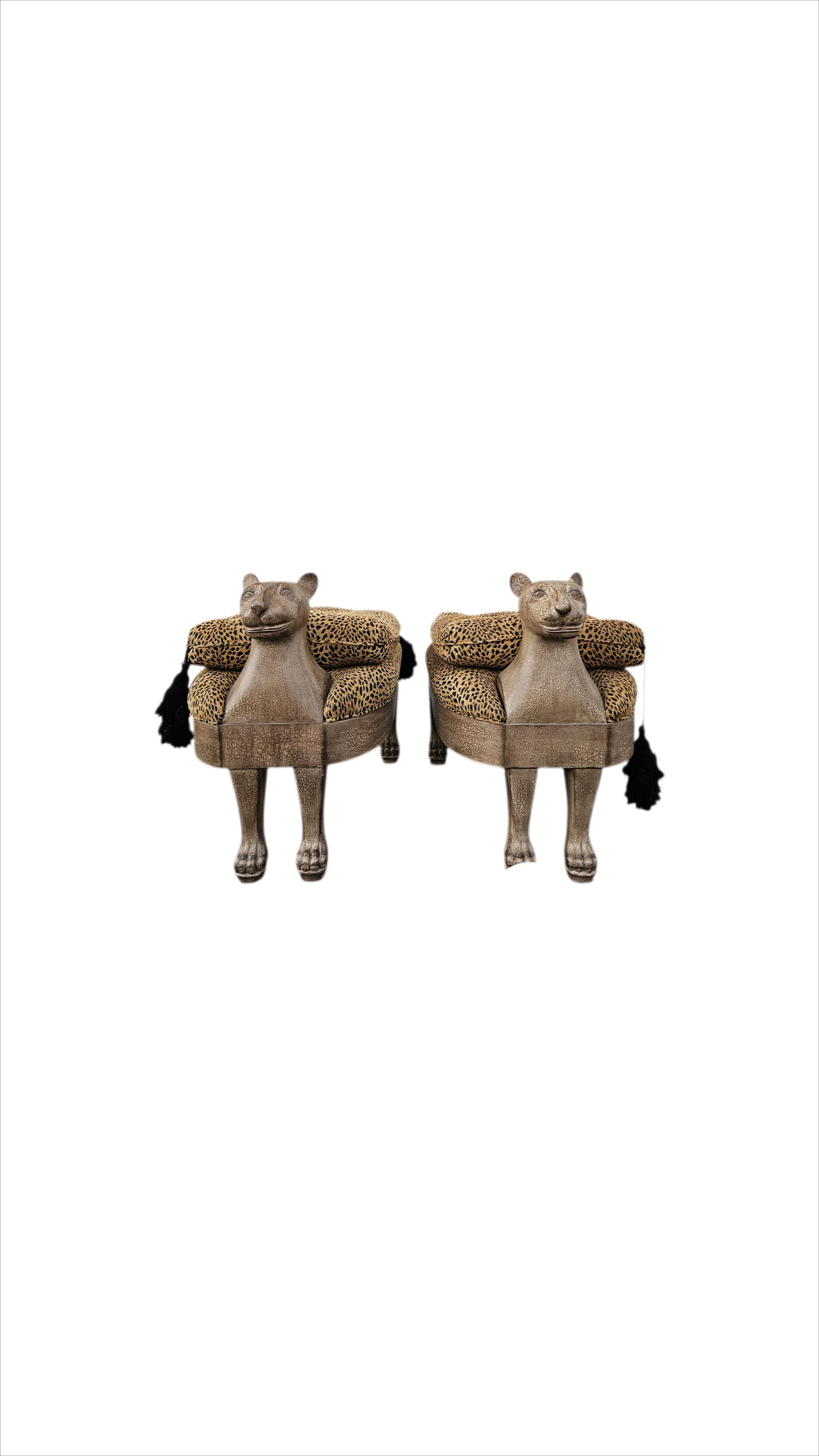 Vintage Egyptian Revival Leopard Cat Benches - Designer Pair from Key West Estate

Discover this striking pair of vintage Egyptian Revival benches featuring carved leopard cat designs. Each bench measures nearly 3 feet in length and showcases