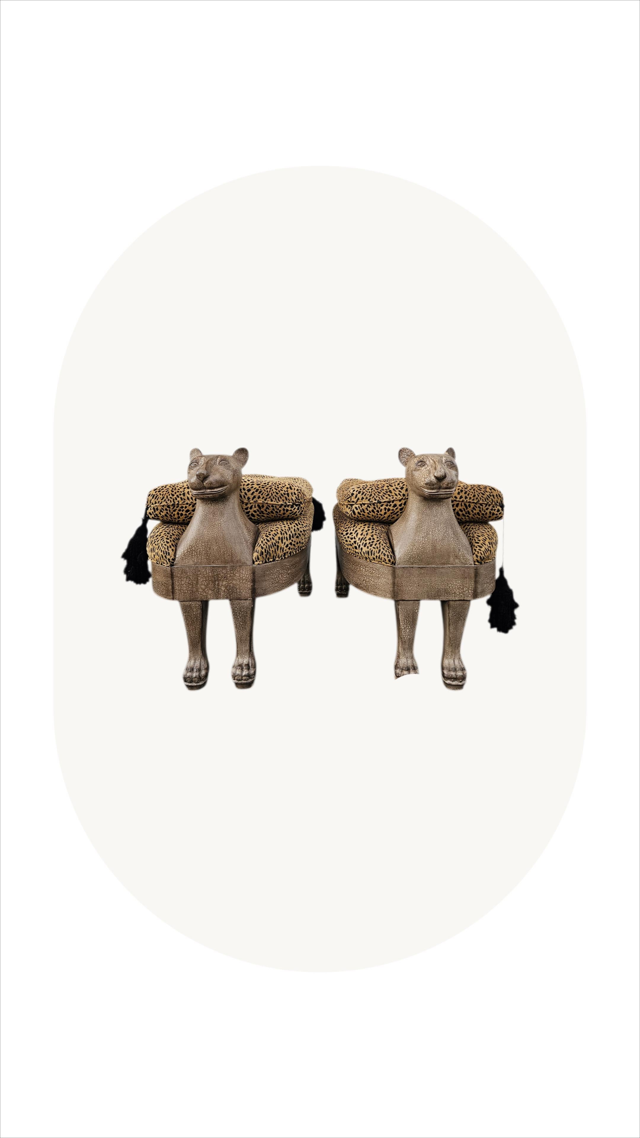 American Vintage Egyptian Revival Leopard Cat Benches - Designer Pair For Sale