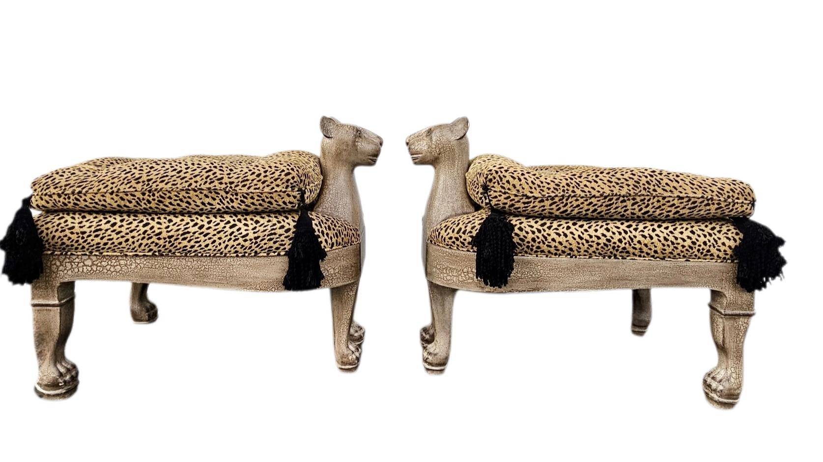 Vintage Egyptian Revival Leopard Cat Benches - Designer Pair In Good Condition For Sale In West Palm Beach, US