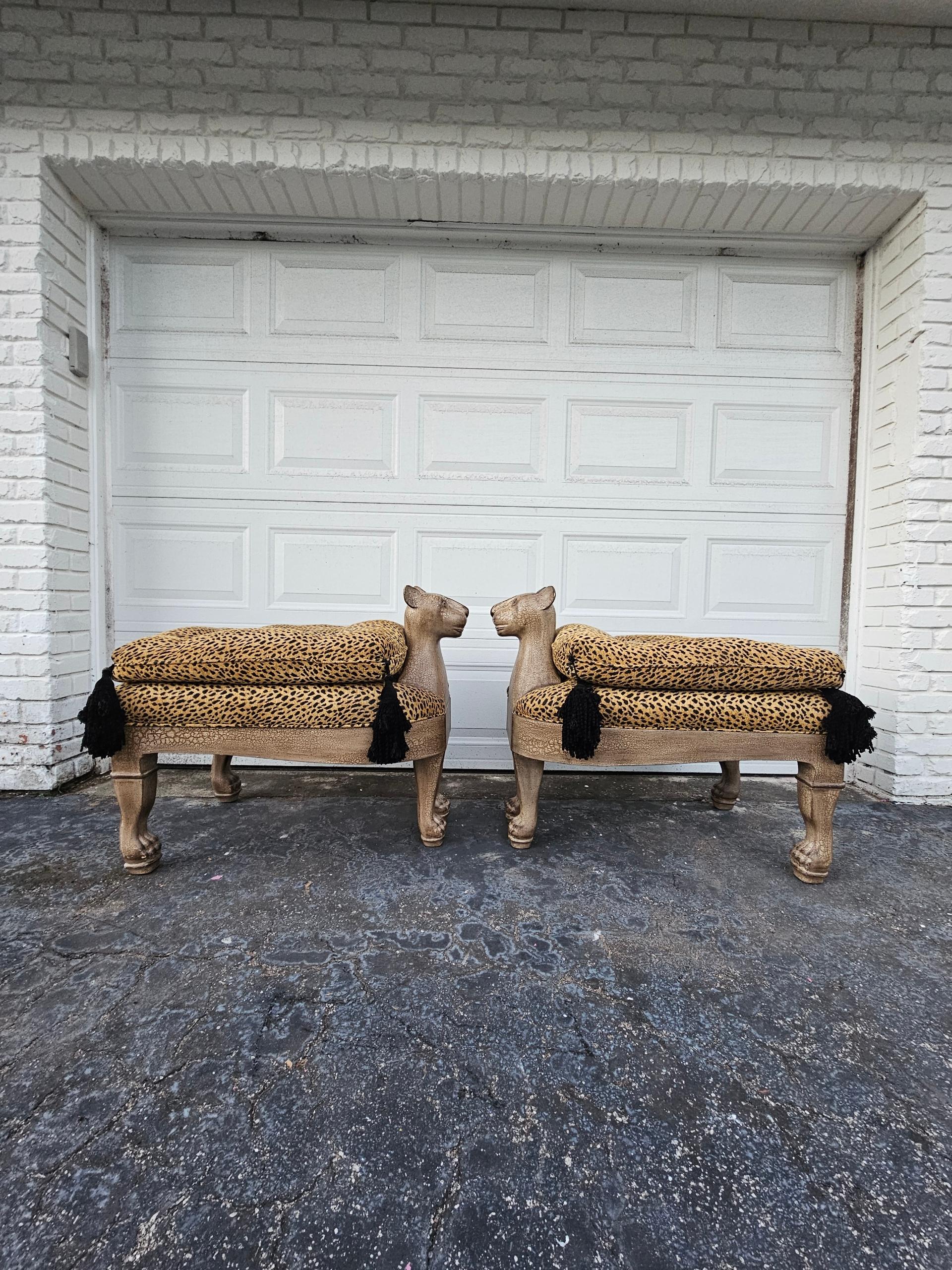 20th Century Vintage Egyptian Revival Leopard Cat Benches - Designer Pair For Sale
