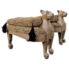 Vintage Egyptian Revival Leopard Cat Benches - Designer Pair