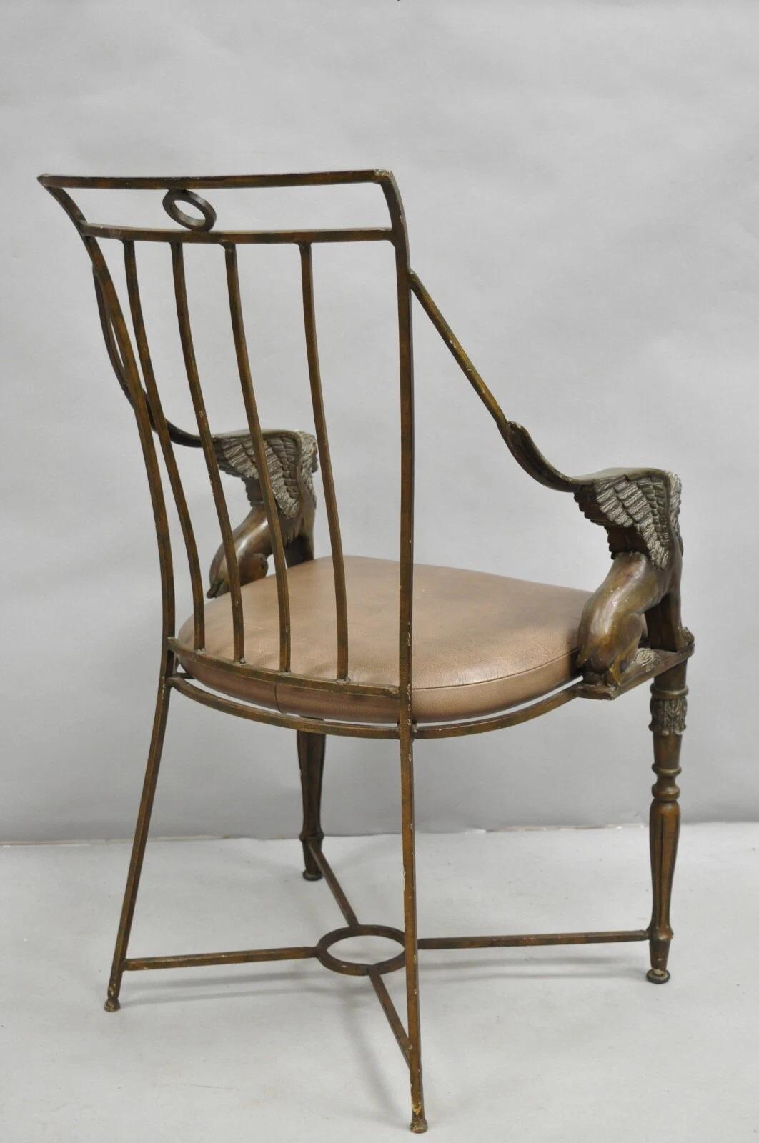 Vintage Egyptian Revival Lion Sphinx Wrought Iron Regency Style Arm Chair For Sale 5