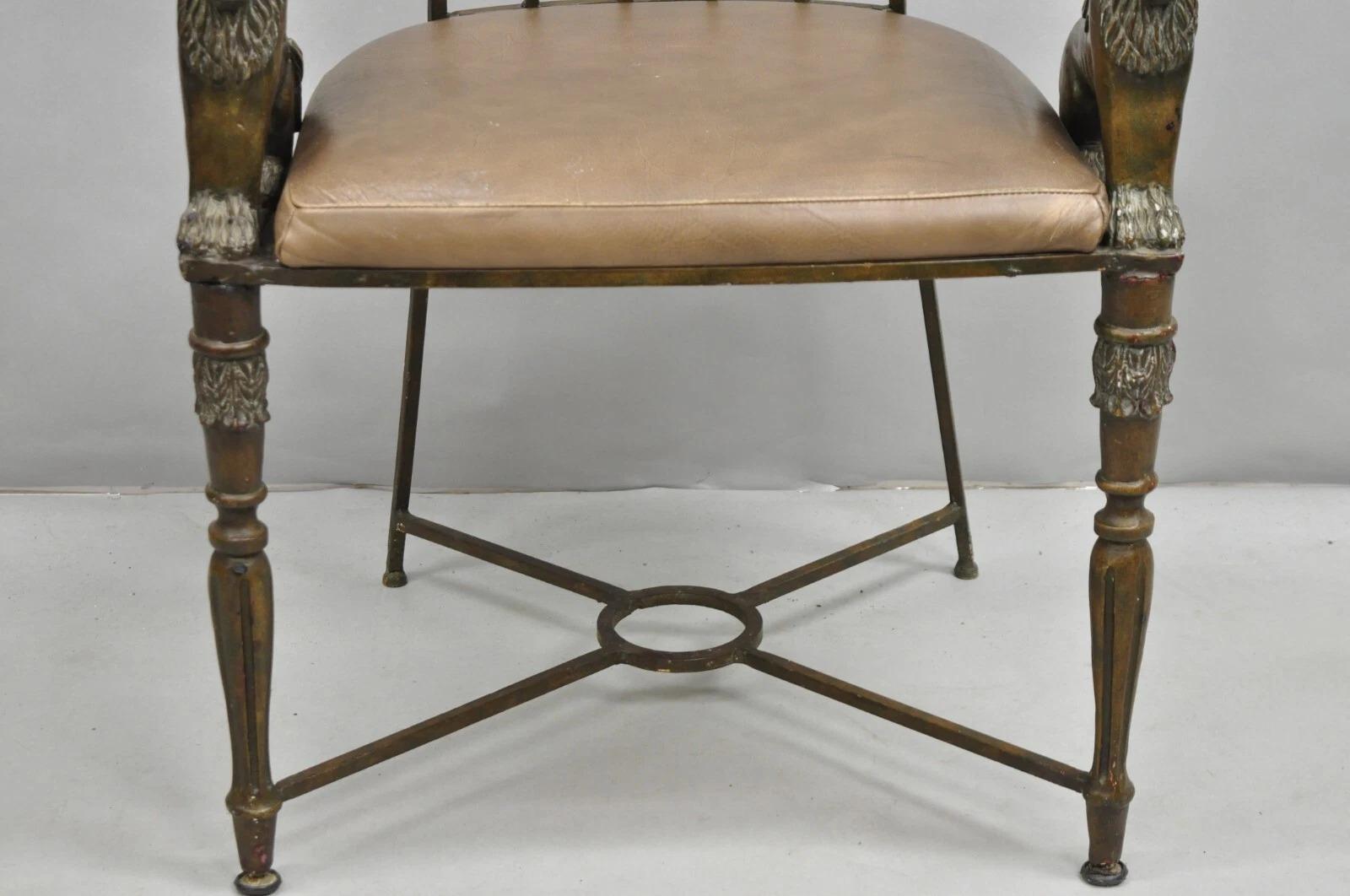 Vintage Egyptian Revival Lion Sphinx Wrought Iron Regency Style Arm Chair For Sale 6