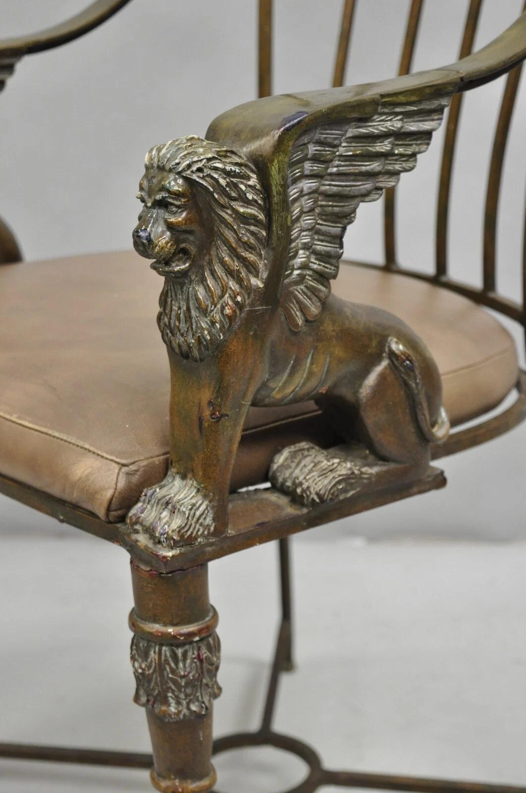 Vintage Egyptian Revival Lion Sphinx Wrought Iron Regency Style Arm Chair For Sale 7