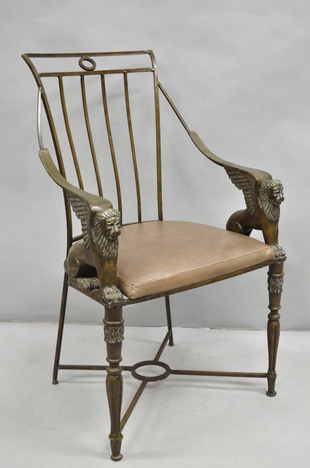 Vintage Egyptian Revival Lion Sphinx Wrought Iron Regency Style Arm Chair For Sale 9