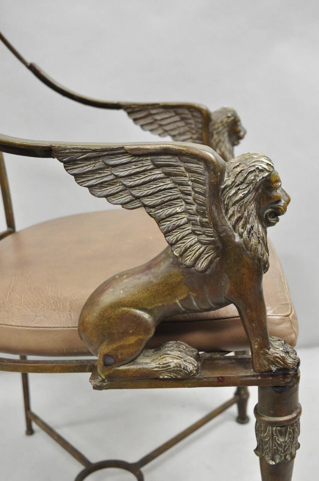 Unknown Vintage Egyptian Revival Lion Sphinx Wrought Iron Regency Style Arm Chair For Sale