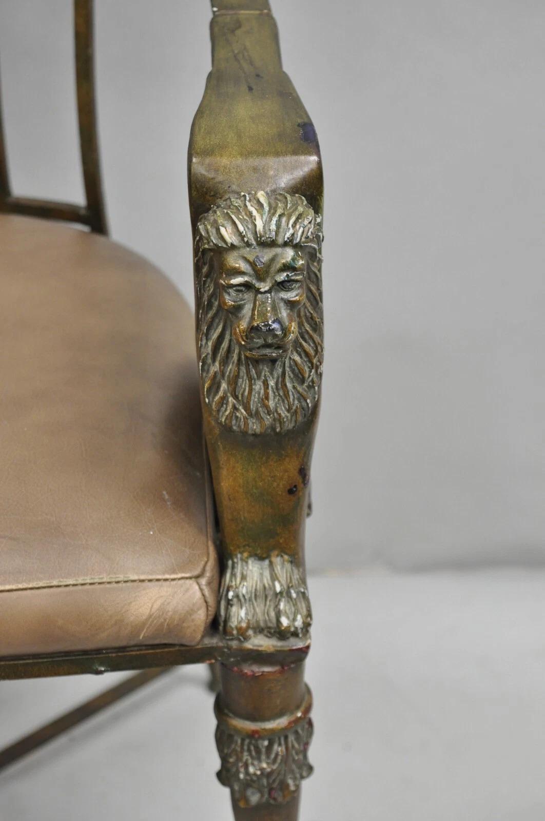 20th Century Vintage Egyptian Revival Lion Sphinx Wrought Iron Regency Style Arm Chair For Sale