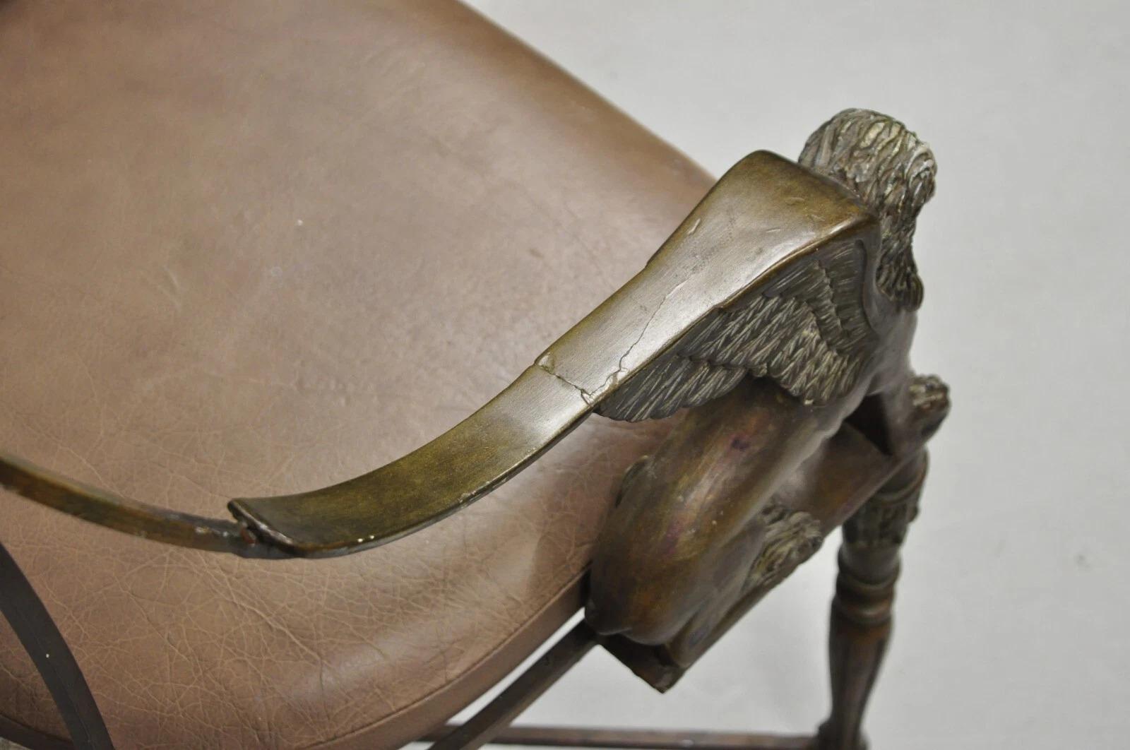Vintage Egyptian Revival Lion Sphinx Wrought Iron Regency Style Arm Chair For Sale 3