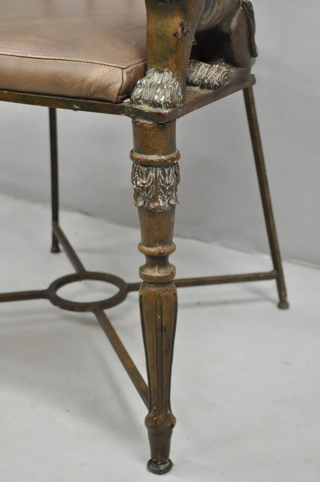 Vintage Egyptian Revival Lion Sphinx Wrought Iron Regency Style Arm Chair For Sale 4