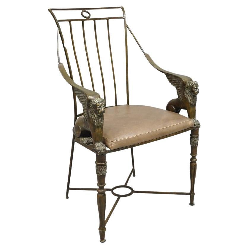 Vintage Egyptian Revival Lion Sphinx Wrought Iron Regency Style Arm Chair For Sale