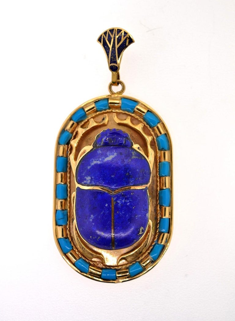 Vintage Egyptian Revival Scarab Lapis Lazuli Turquoise and 18 Karat Gold Pendant at 1stDibs