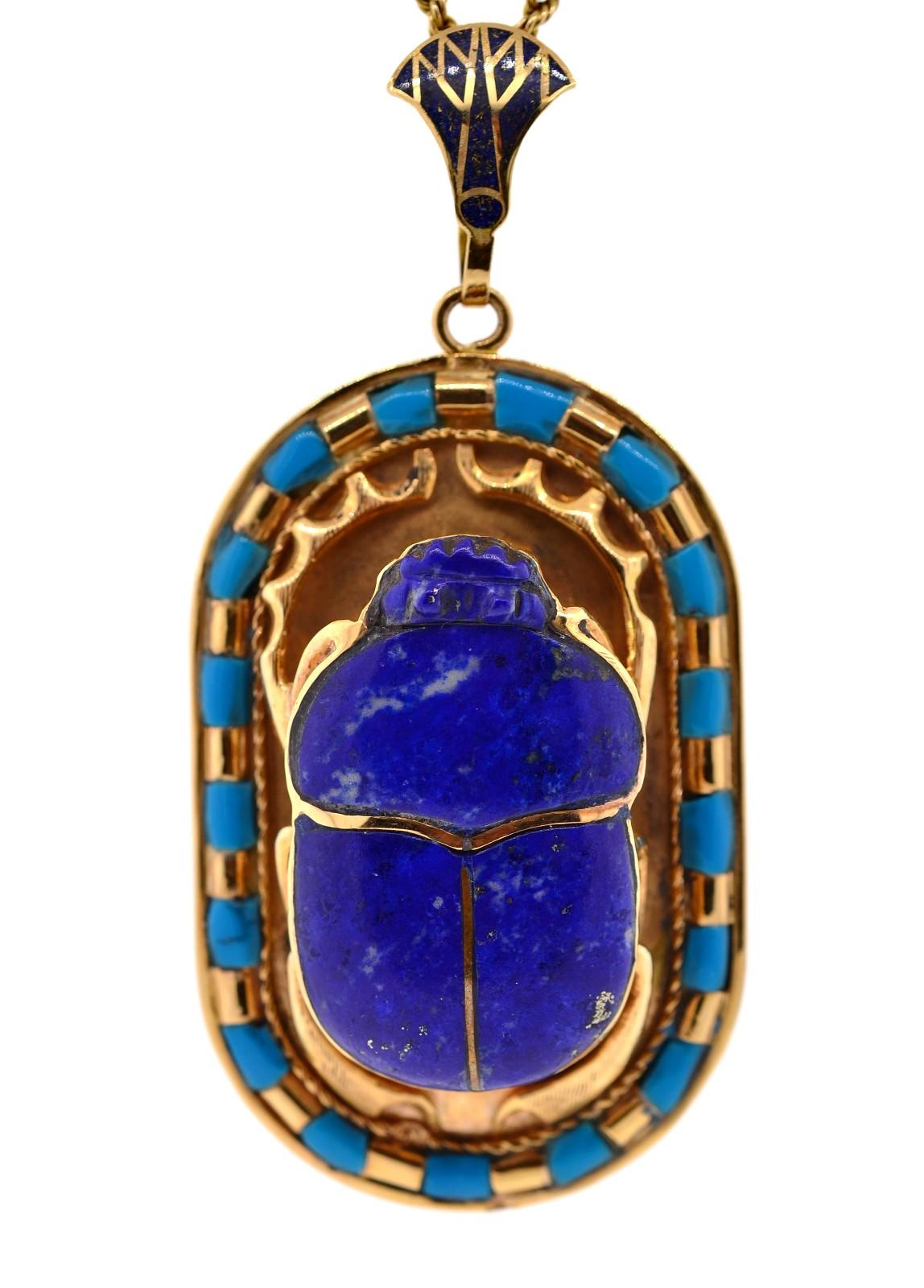 Bead Vintage Egyptian Revival Scarab Lapis Lazuli Turquoise and 18 Karat Gold Pendant