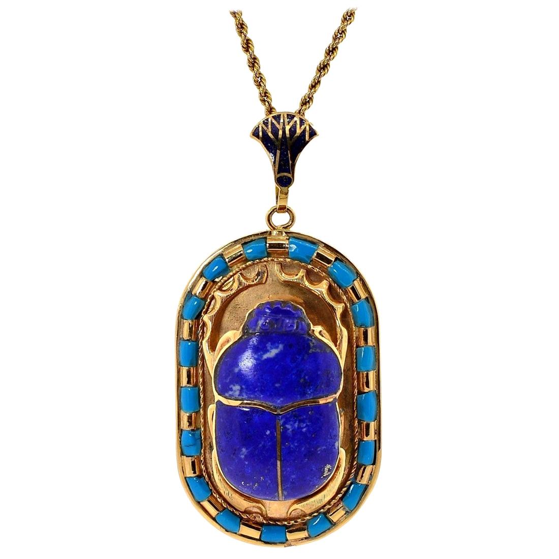 Vintage Egyptian Revival Scarab Lapis Lazuli Turquoise and 18 Karat Gold Pendant